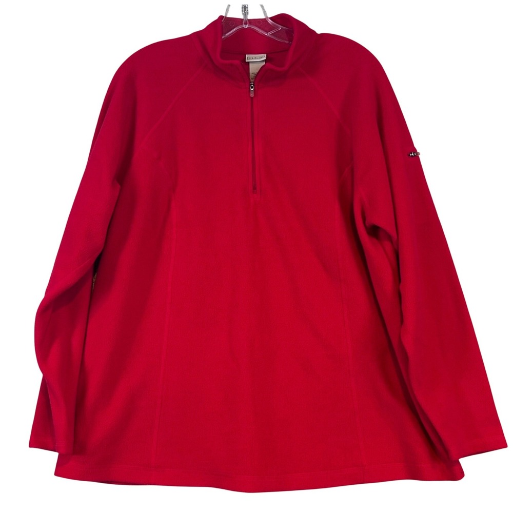 LL Bean Womens 1X Red Fleece Quarter Zip Pullover Mock Neck Sleeve Pocket Warm‎